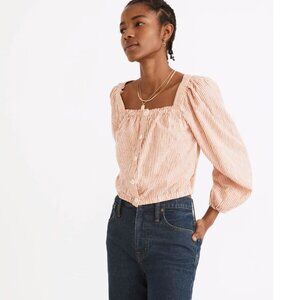 Madewell Puff-Sleeve Button-Front Crop Top in Embroidered Stripe | Size Medium